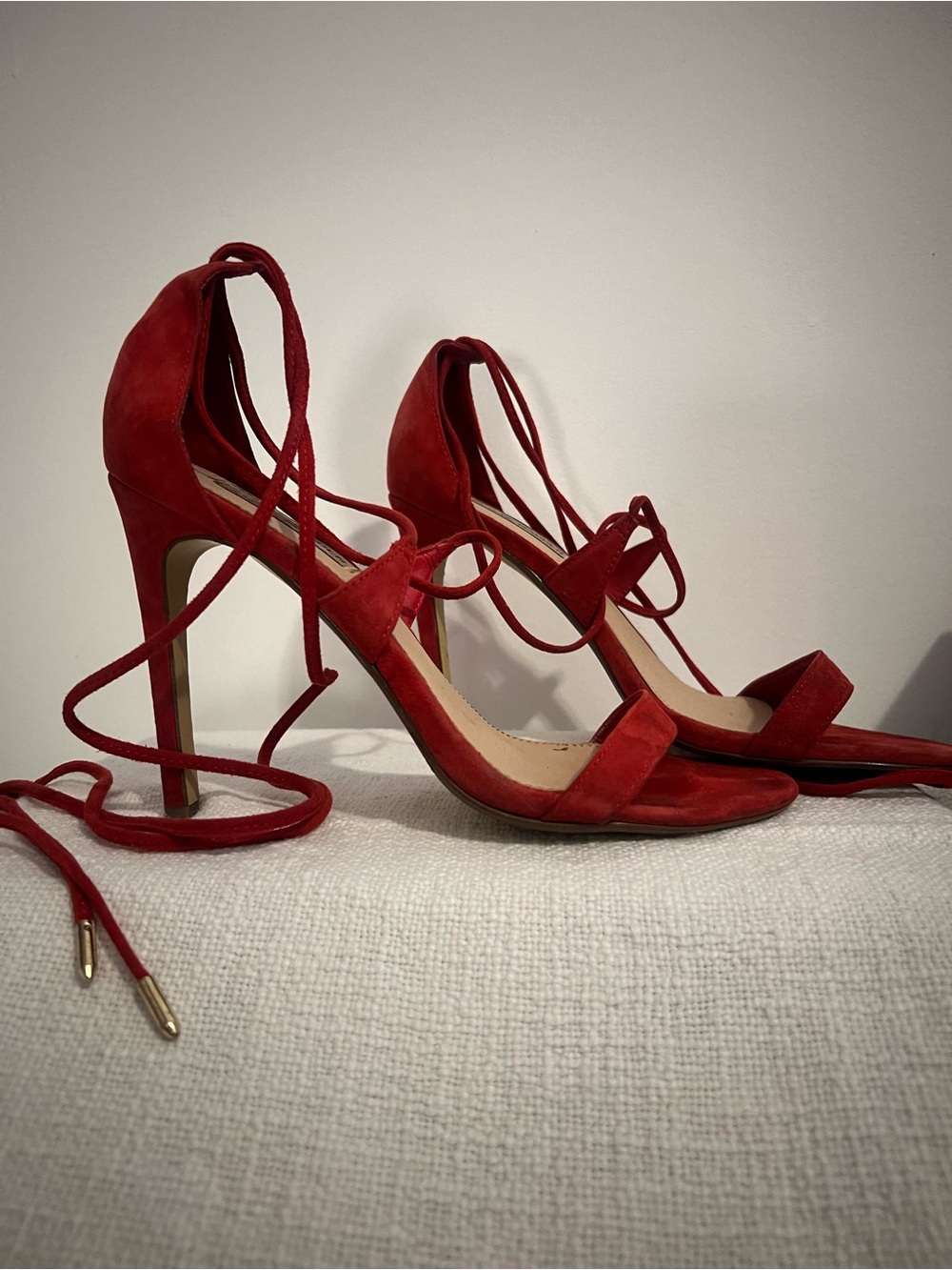 Red Suede Lace-Up Stiletto Sandals